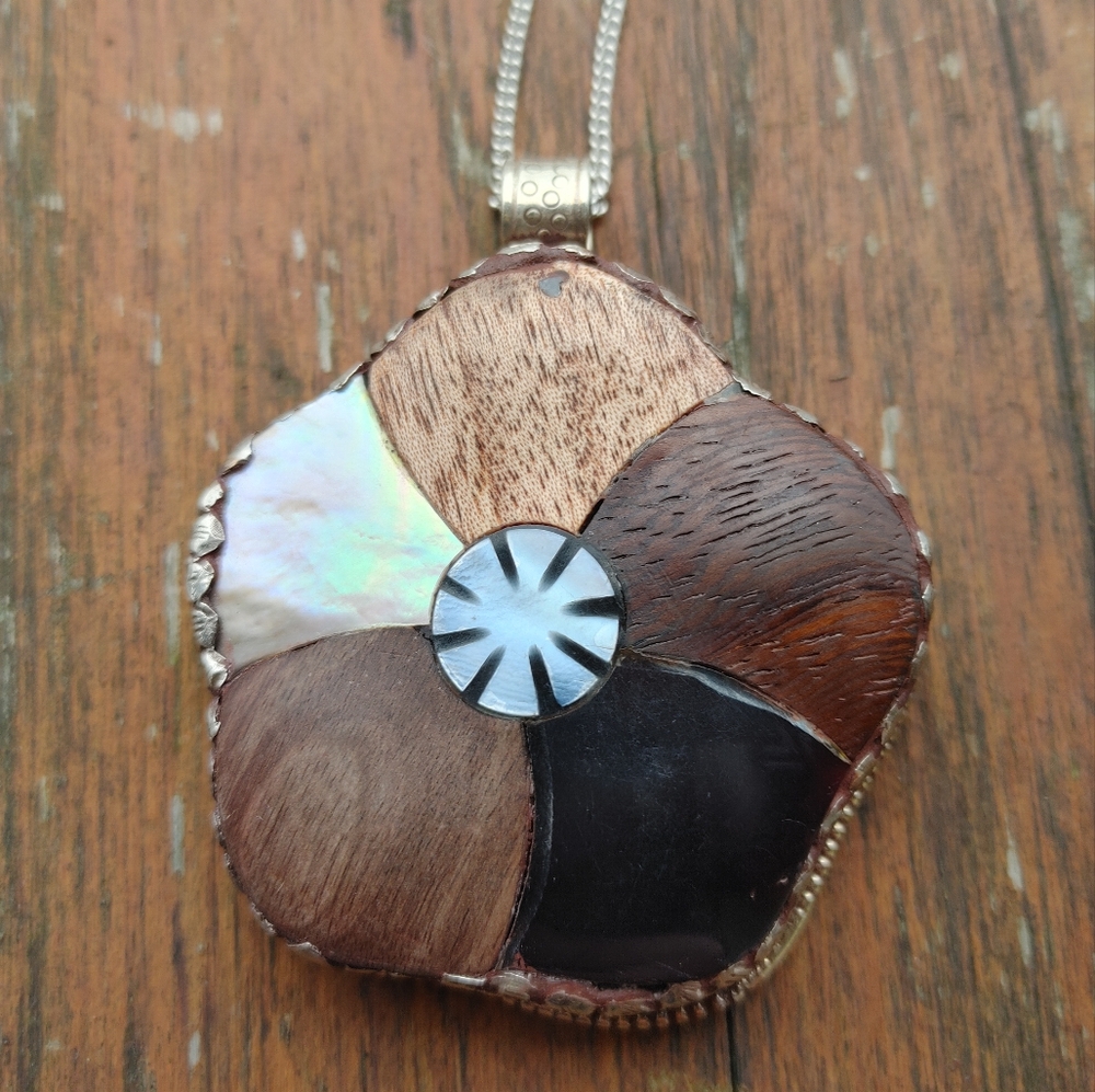 Multi-Stone Tibetan Pendant (3") w Black Cord & Silver Chain